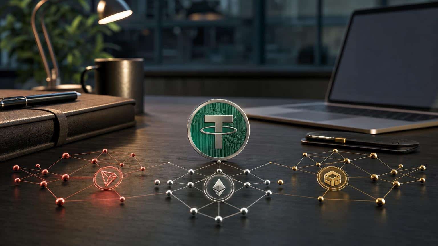 USDT transfer screen comparing TRON, Ethereum, and BNB Smart Chain networks with address and fee verification steps